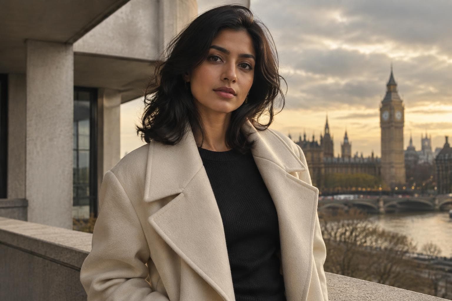 Maya Khanna, an ADCAST AI-generated creator, photographed on a warm neutral set